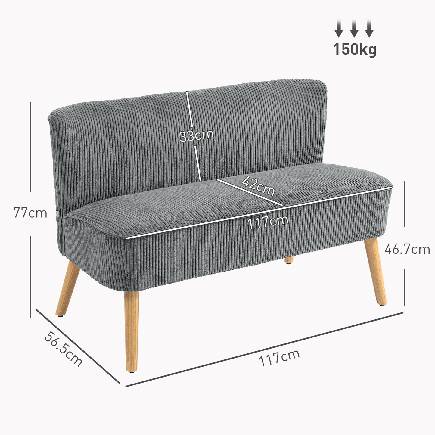 HOMCOM Modern Corduroy Double Seat Sofa With Wood Frame Foam Padding Soft Comfortable Compact Couch Grey