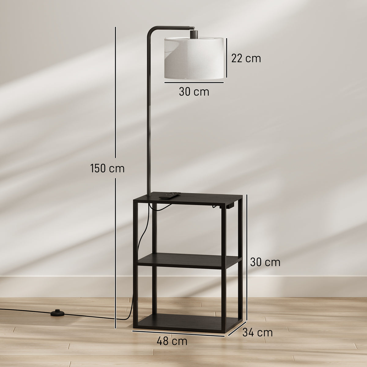 Black arched floor lamp with off-white shade and 3-tier shelving unit