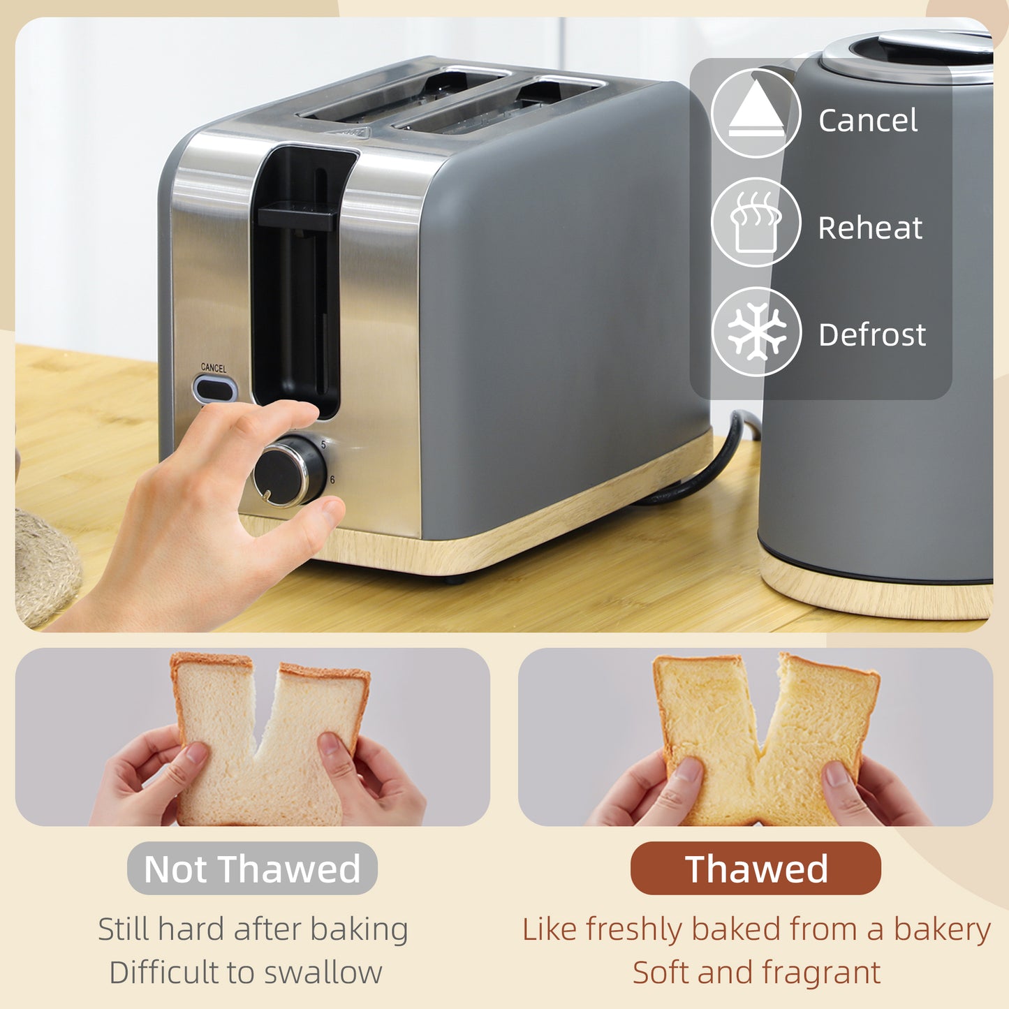 HOMCOM Kettle And Toaster Set 1.7L 3000W 2 Slice With 7 Browning Levels Defrost Reheat Auto Off Boil Dry Protection Grey