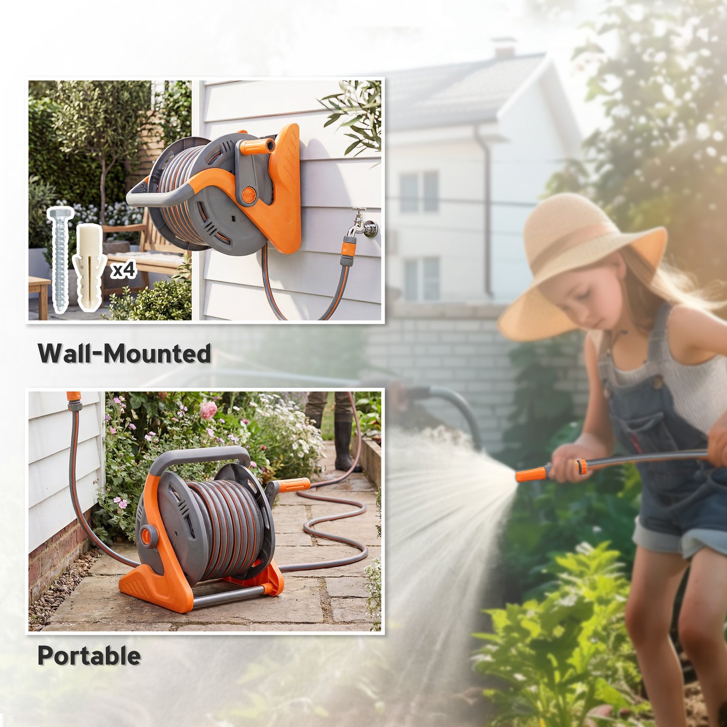 Outsunny Wall Mounted Garden Hose Reel 20m Plus 2m With Crank Handle And Dual Pattern Spray Nozzle Orange