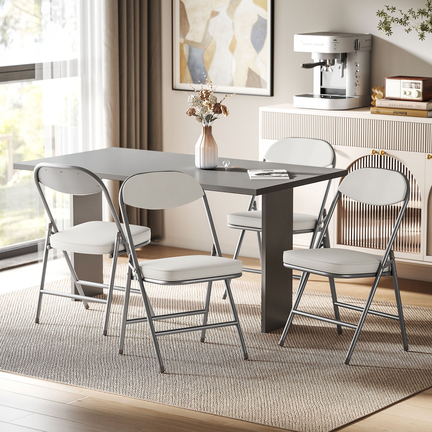 HOMCOM Set of Four Folding Corduroy Chairs Cream Steel Frame Padded Seat and Back for Easy Storage