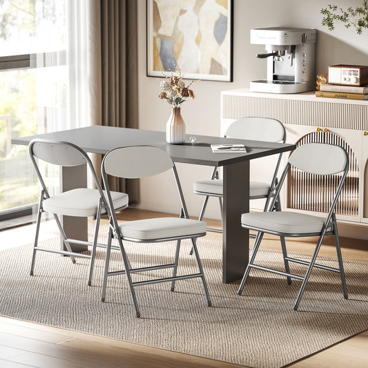 HOMCOM Set of Four Folding Corduroy Chairs Cream Steel Frame Padded Seat and Back for Easy Storage