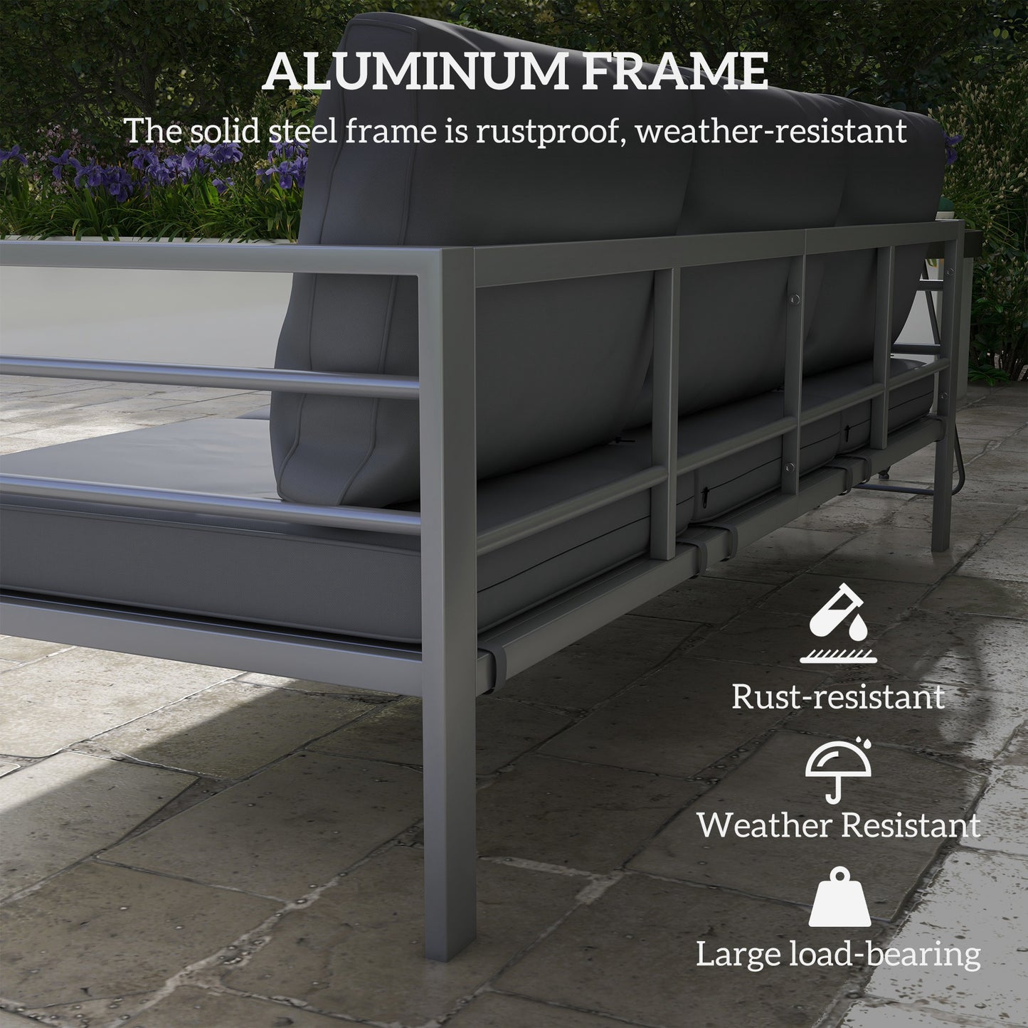 Outsunny Aluminium Three-Seater Garden Bench With Cushions In Grey For Durable Outdoor Seating And Relaxation