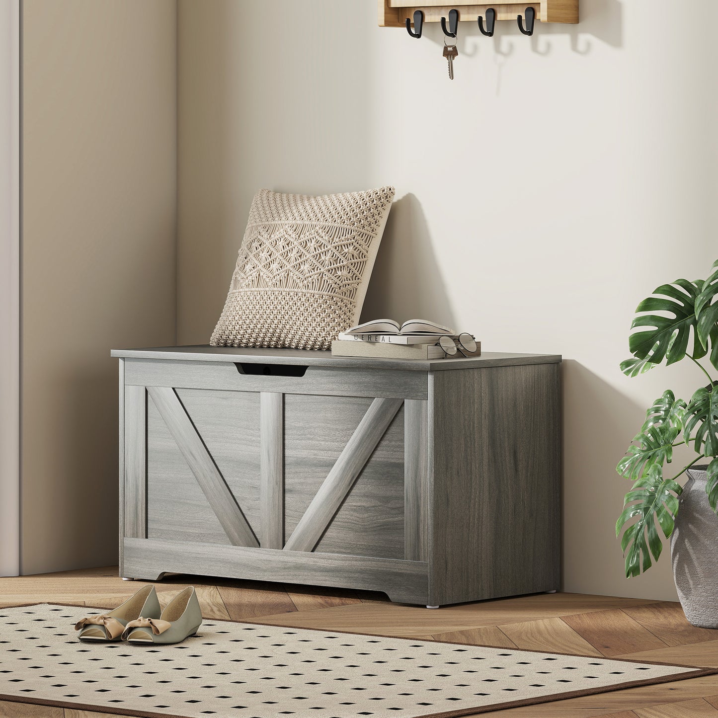 HOMCOM 100L Storage Ottoman Box With Safety Hinges In Charcoal Grey Seatable Trunk