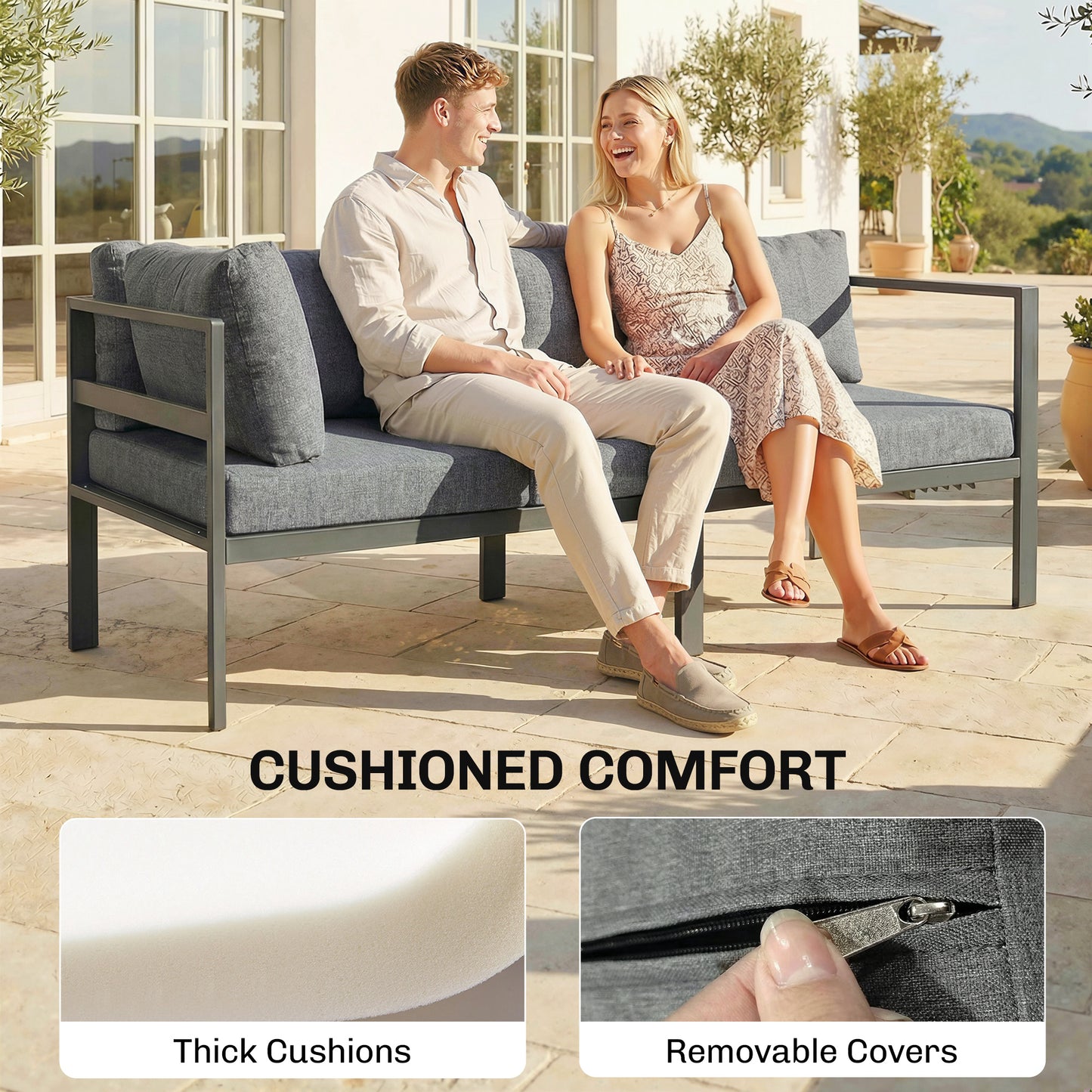 Outsunny 3 Piece Aluminium Garden Furniture Set With Adjustable Backrest Corner Lounge And Coffee Table