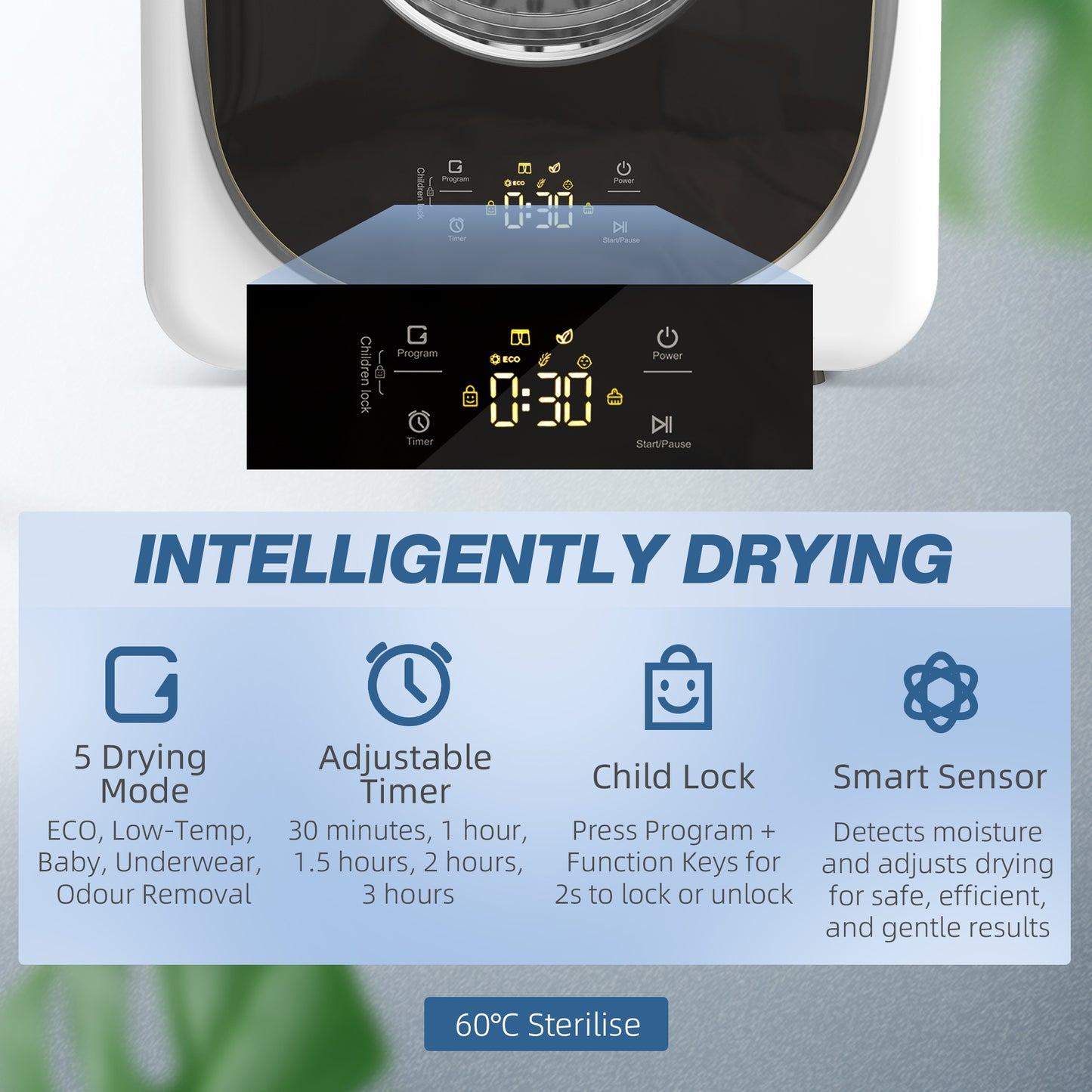 HOMCOM 4kg Vented Tumble Dryer 800W Compact Freestanding Front Tumble Dryer With 5 Drying Modes And Smart Sensor White