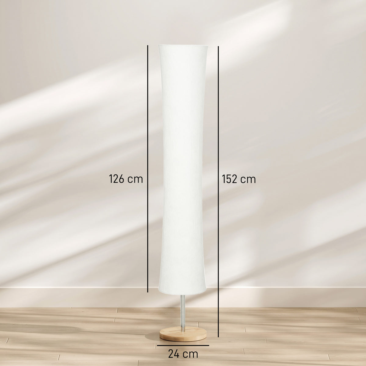 Floor lamp with paper shade and pine base, with height measurement shown