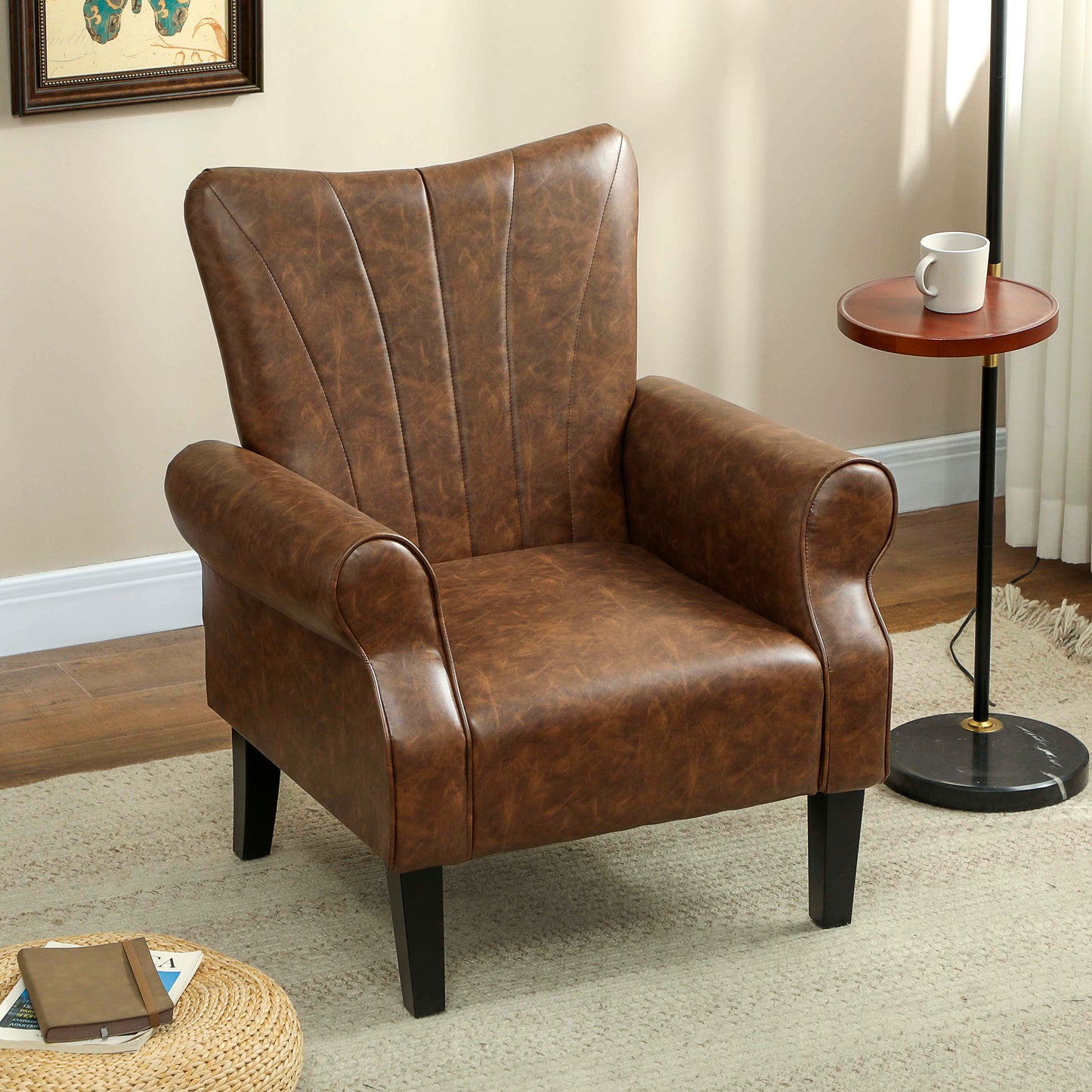 HOMCOM Upholstered Accent Chair With Rolled Arms And Wood Legs For Living Room And Bedroom Brown
