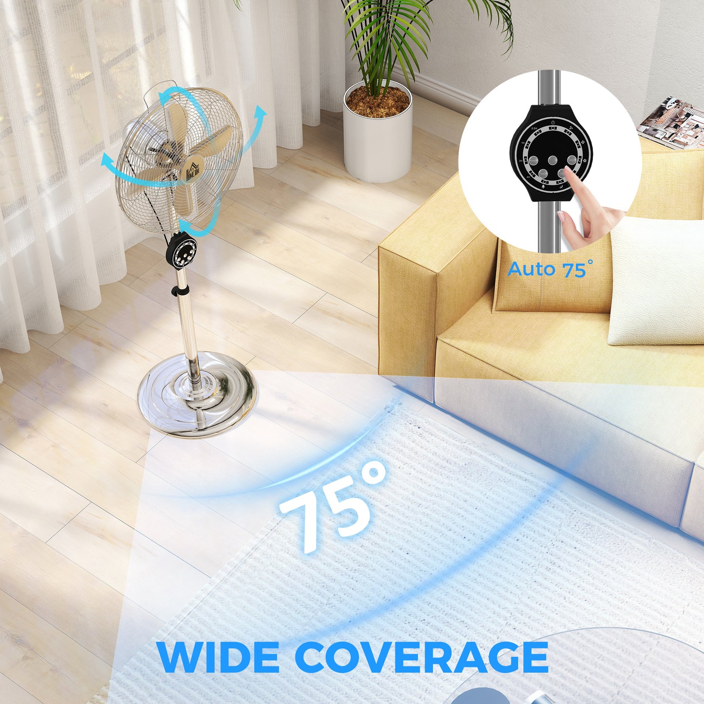 Homcom 16 Inch Metal Pedestal Fan With Auto Oscillation Adjustable Height Copper Motor And Three Speed Settings