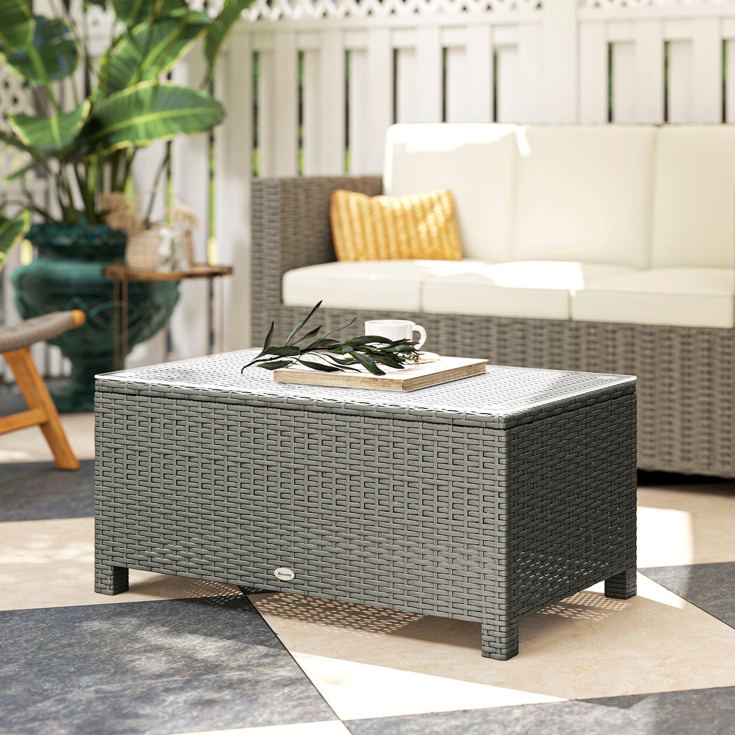 Outsunny Rattan Garden Coffee Table With Glass Top In Light Grey With Sturdy Metal Frame For Outdoor Patio
