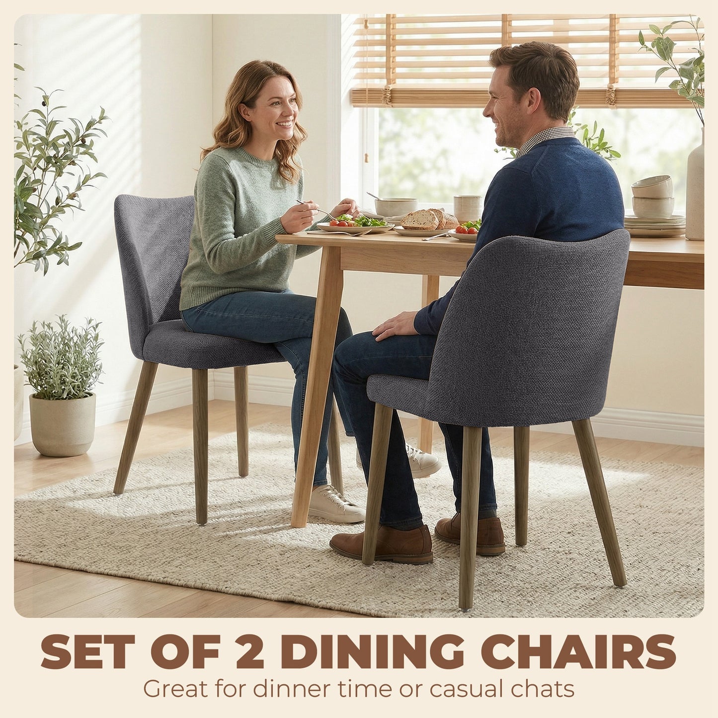 HOMCOM Dining Chairs Set Of 2 Linen Upholstered Kitchen Chairs Padded Seat Curved Backrest Rubberwood Legs Grey