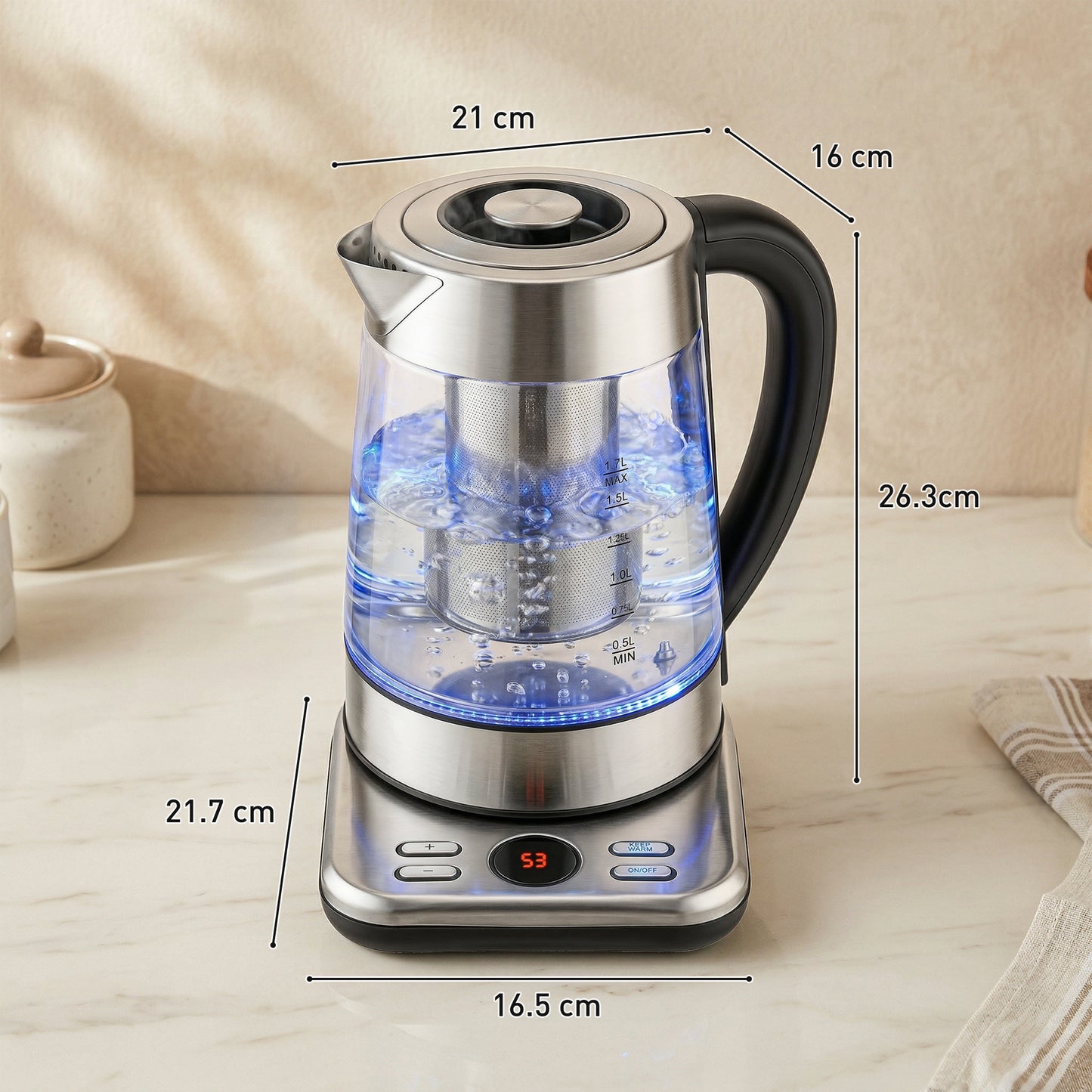 HOMCOM Electric Kettle 1.7L 3000W Fast Boil With Strix Thermostat Tea Infuser 5 Temperature Presets 60-100 C Keep Warm