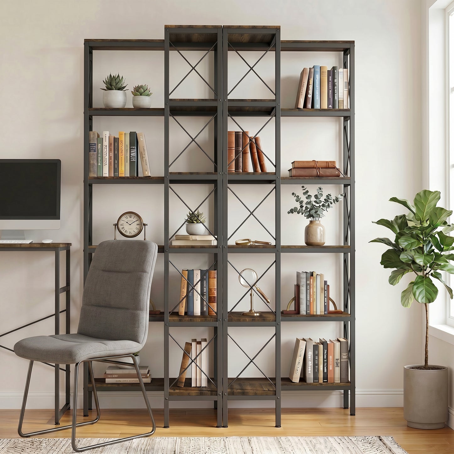 HOMCOM 5 Tier L Shaped Bookshelf Freestanding Corner Bookcase With Metal Frame Rustic Brown