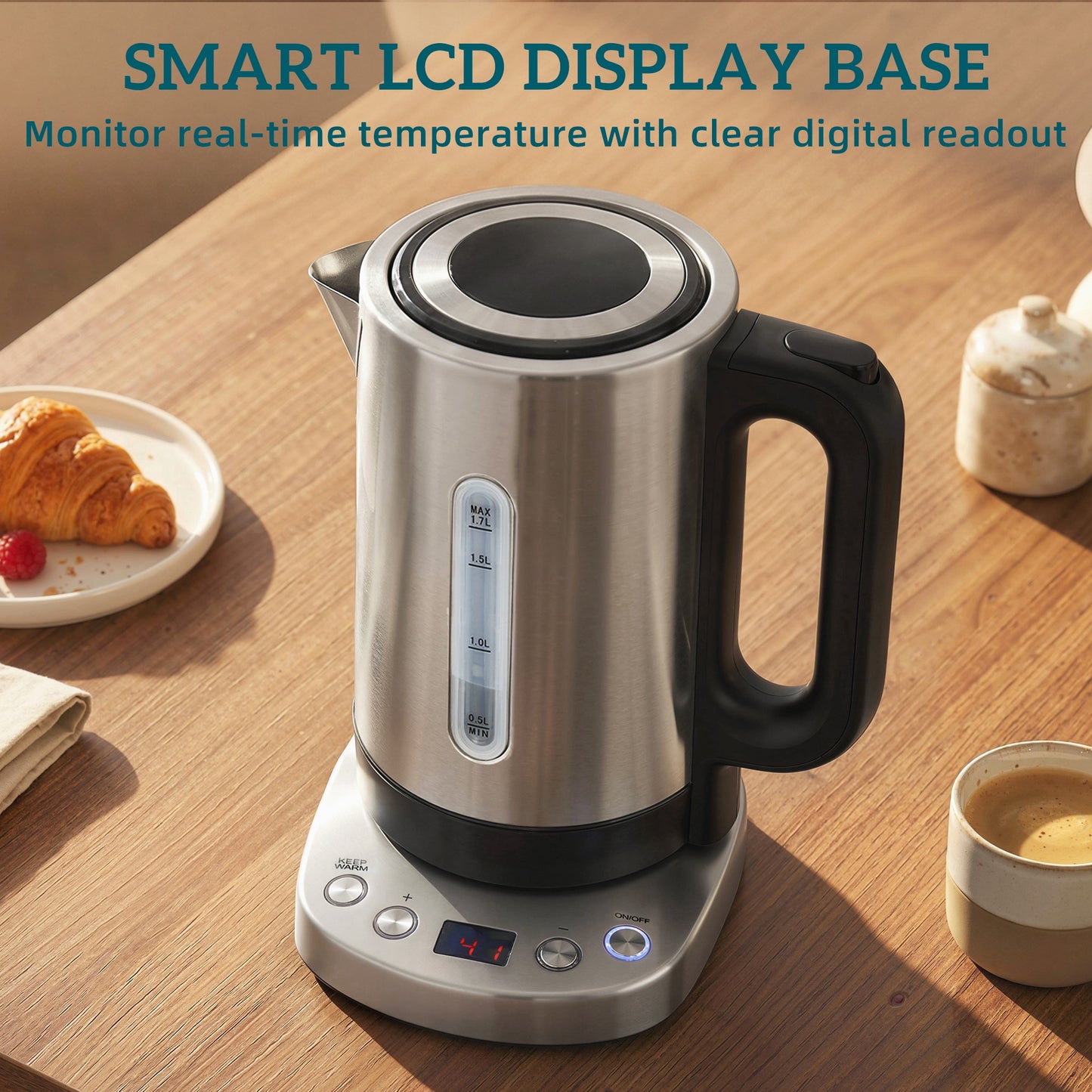HOMCOM Electric Kettle 1.7L 3000W Fast Boil With UK Strix Thermostat Keep Warm Function LCD Base Silver Tone