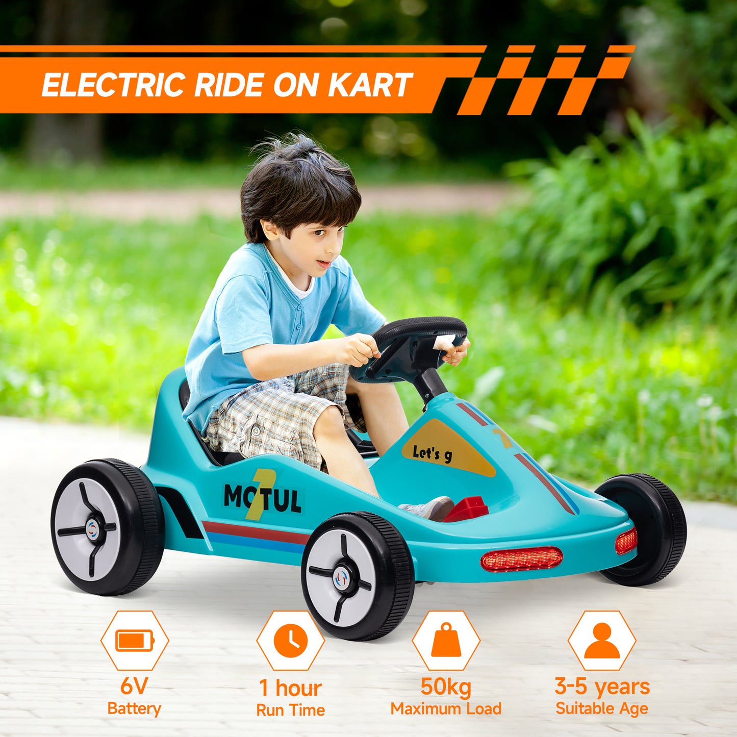 AIYAPLAY 6V Kids Electric Go Kart with Music, Lights, and Horn - Blue, for Ages 3-5