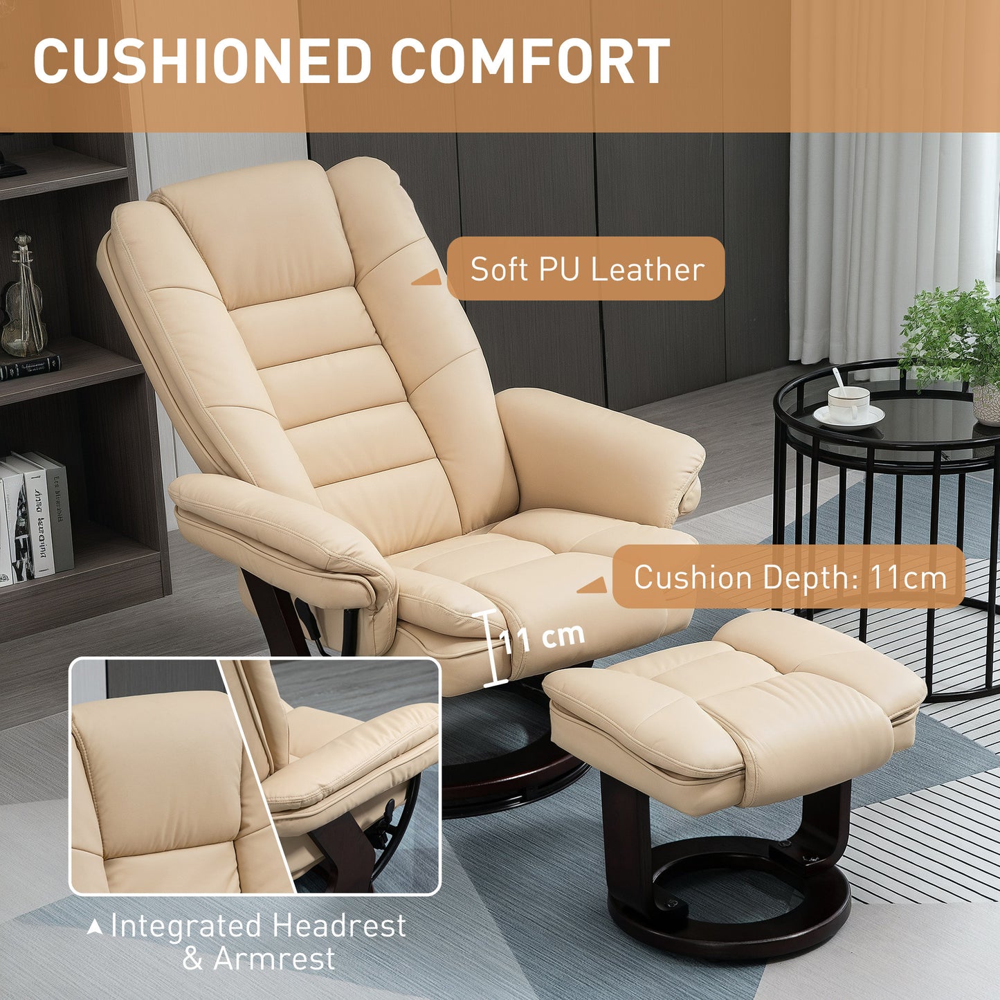 HOMCOM Faux Leather 135 Degree Reclining Chair and Footstool Beige Lounge Set for Ultimate Relaxation