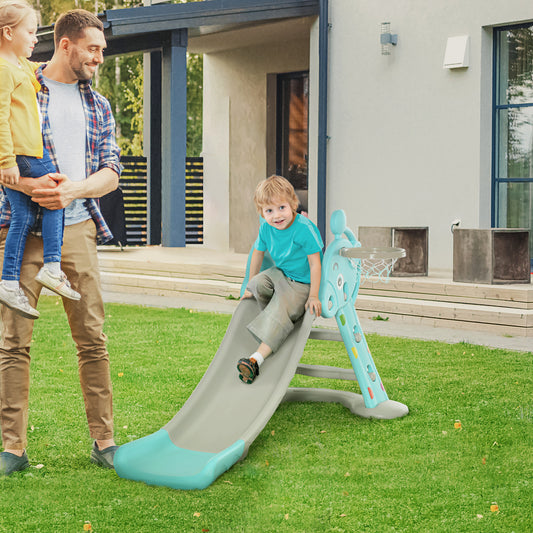 HOMCOM 2-in-1 Kids Slide and Basketball Hoop Playset - Compact Toddler Slide for Ages 18 Months to 4 Years - Deer Design, Blue - ALL4U RETAILER LTD