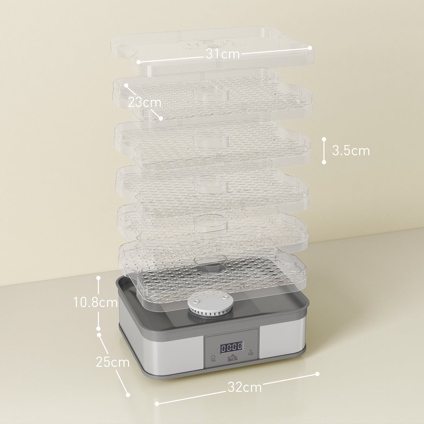 HOMCOM Stainless Steel 5-Tier Food Dehydrator with Adjustable Temperature & Timer - 245W Machine - ALL4U RETAILER LTD