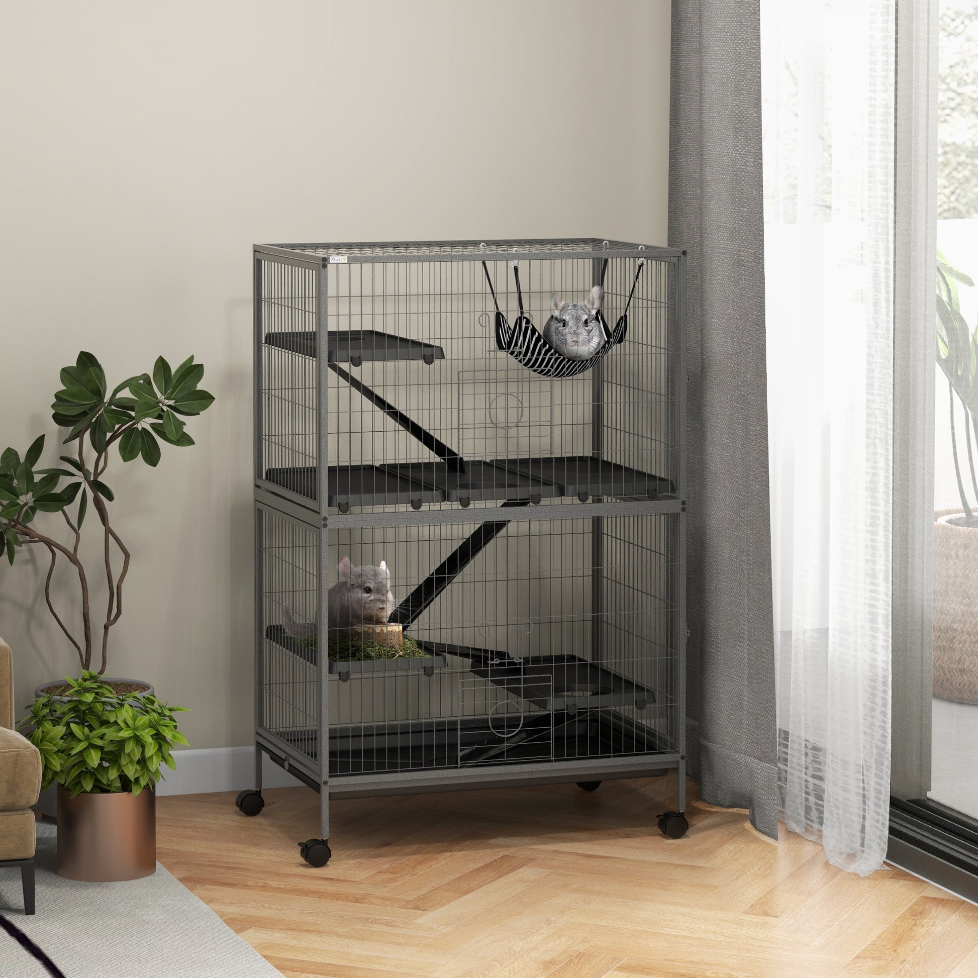 PawHut Mobile Small Animal Habitat with Hammock and Removable Tray for Chinchillas, Ferrets, and Kittens - Silver Grey - ALL4U RETAILER LTD