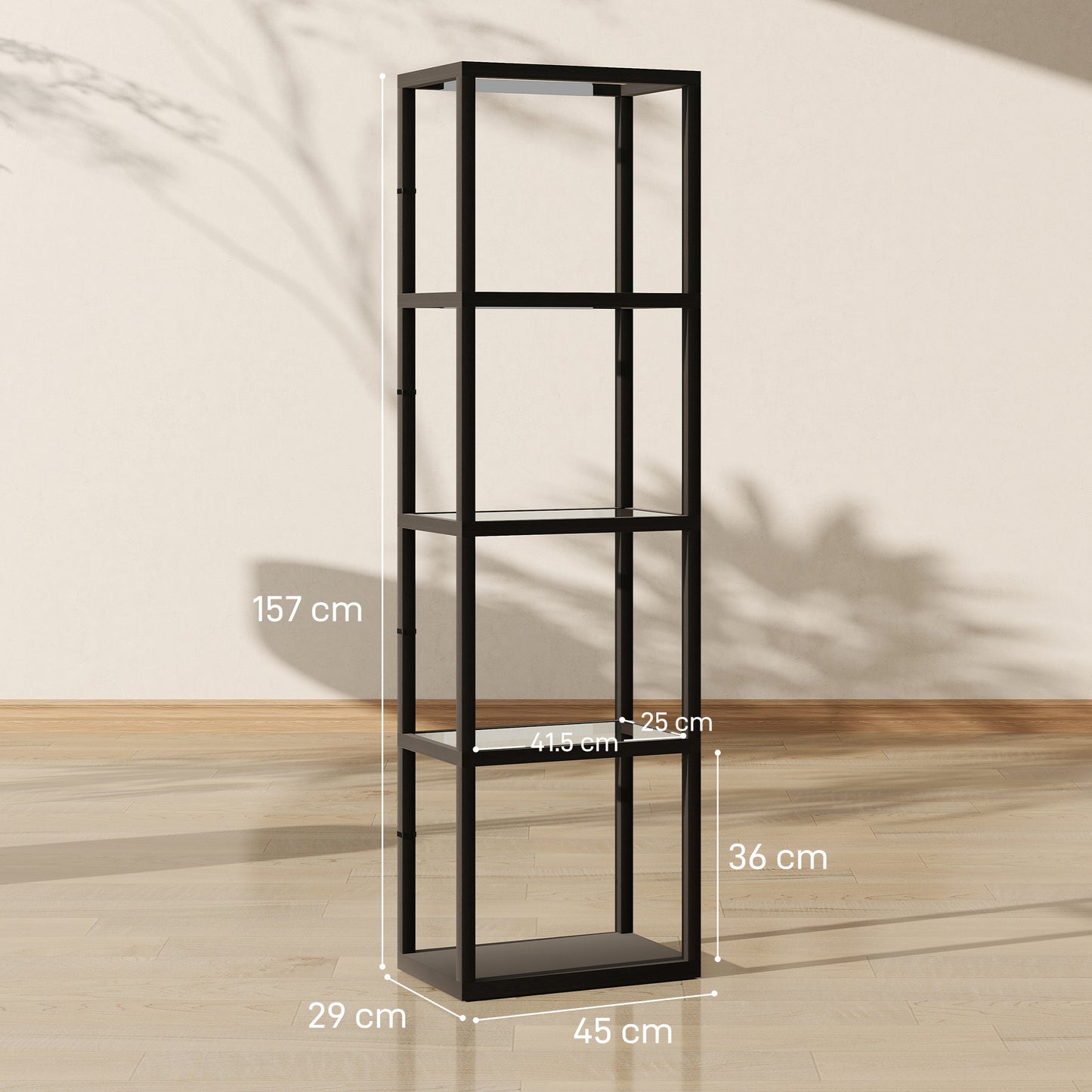 HOMCOM Four Shelf Floor Lamp With Four Warm White LEDs And Storage Shelves And Tempered Glass Black Finish