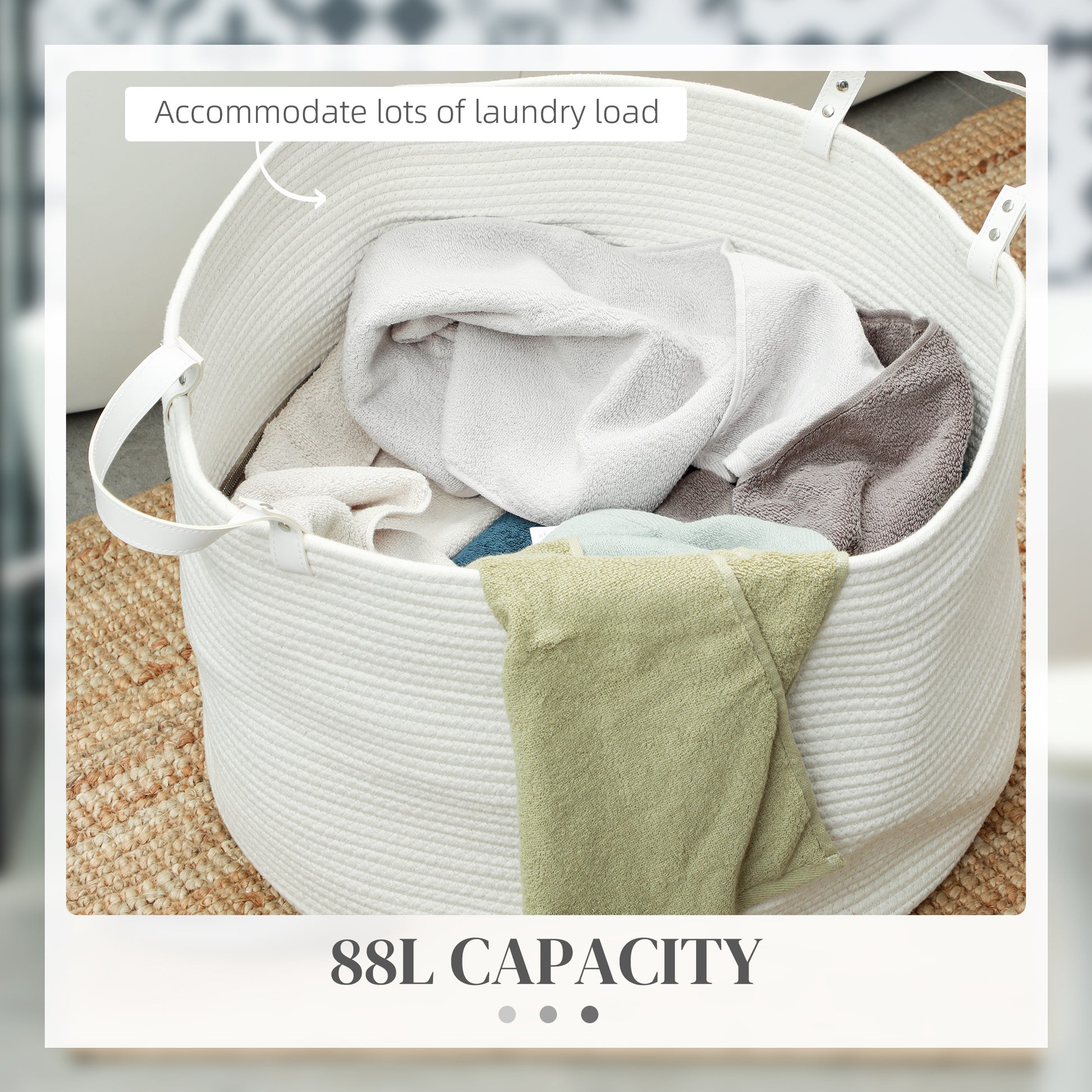 Cotton Rope Laundry Hamper - 88L Capacity with Handles in Cream White - ALL4U RETAILER LTD