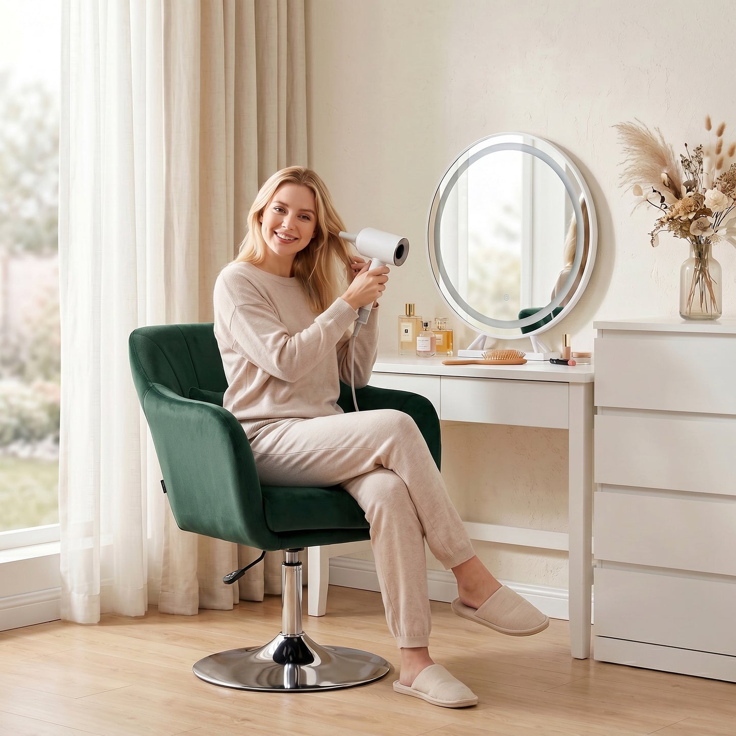 HOMCOM Retro Velvet Swivel Tub Chair With Steel Frame Cushioned Seat Dark Green Modern Lounge