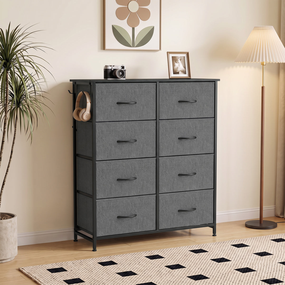 HOMCOM 8 Drawer Fabric Dresser with Side Storage Bag and Hooks Grey