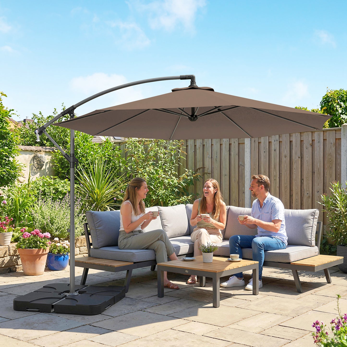 Outsunny 3m Overhanging Cantilever Parasol With Base Weights And Cover Coffee Shade