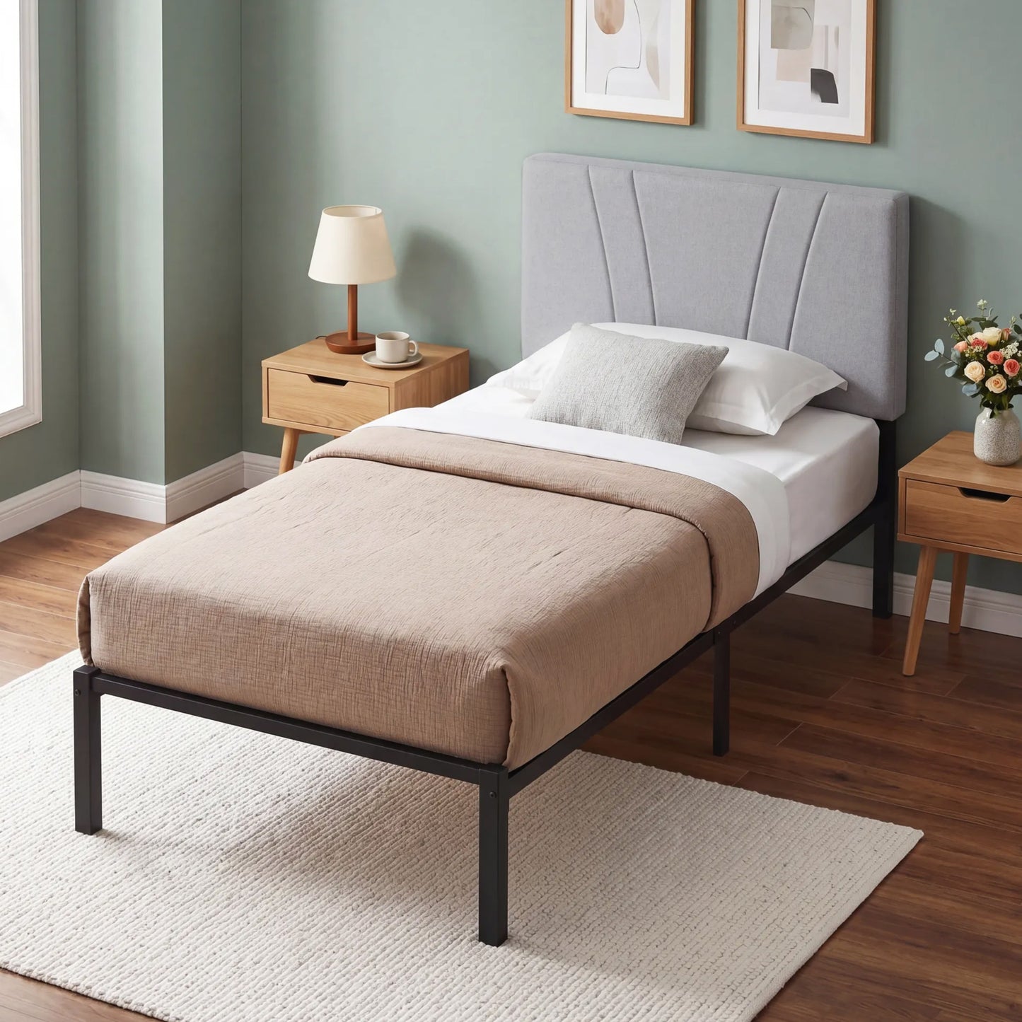 HOMCOM 3FT Single Bed Frame With Upholstered Headboard And Underbed Storage In Black And Light Grey