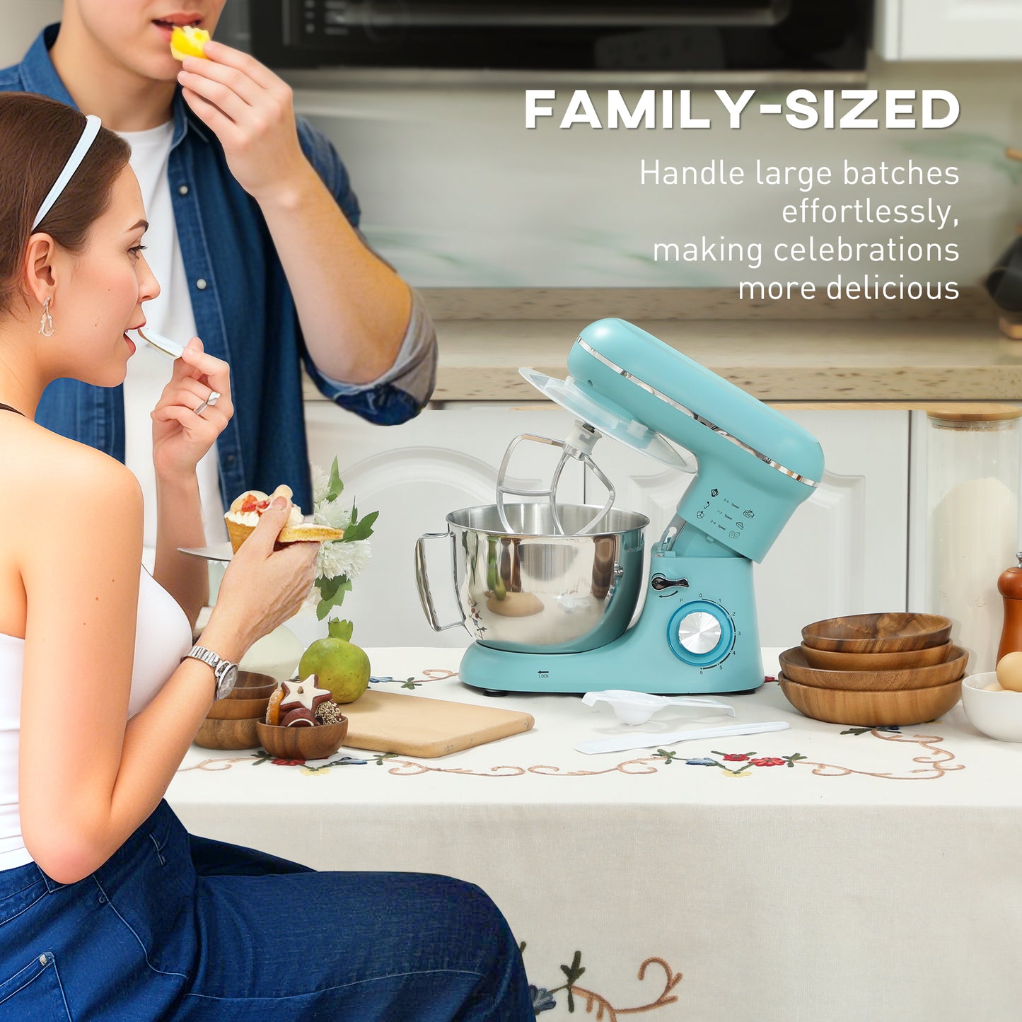 HOMCOM 1300W Kitchen Stand Mixer with Accessories Blue Four Point Five Liter Stainless Steel Bowl Six Speed Pulsation