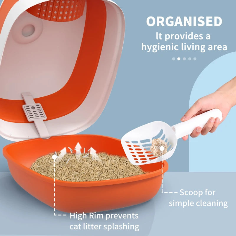 PawHut Foldable Cat Litter Box with Lid, Deodorant and Scoop, Orange - ALL4U RETAILER LTD