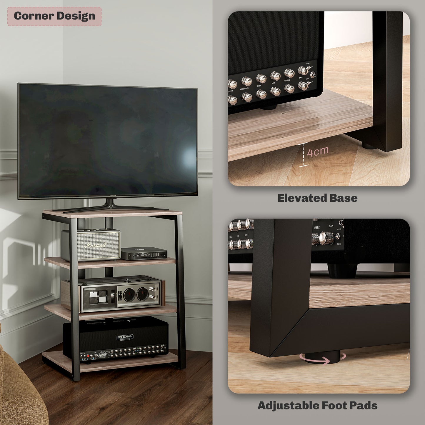 HOMCOM Compact Grey TV Stand with Adjustable Shelves & Power Strip Holder for 28 Inch TVs - ALL4U RETAILER LTD