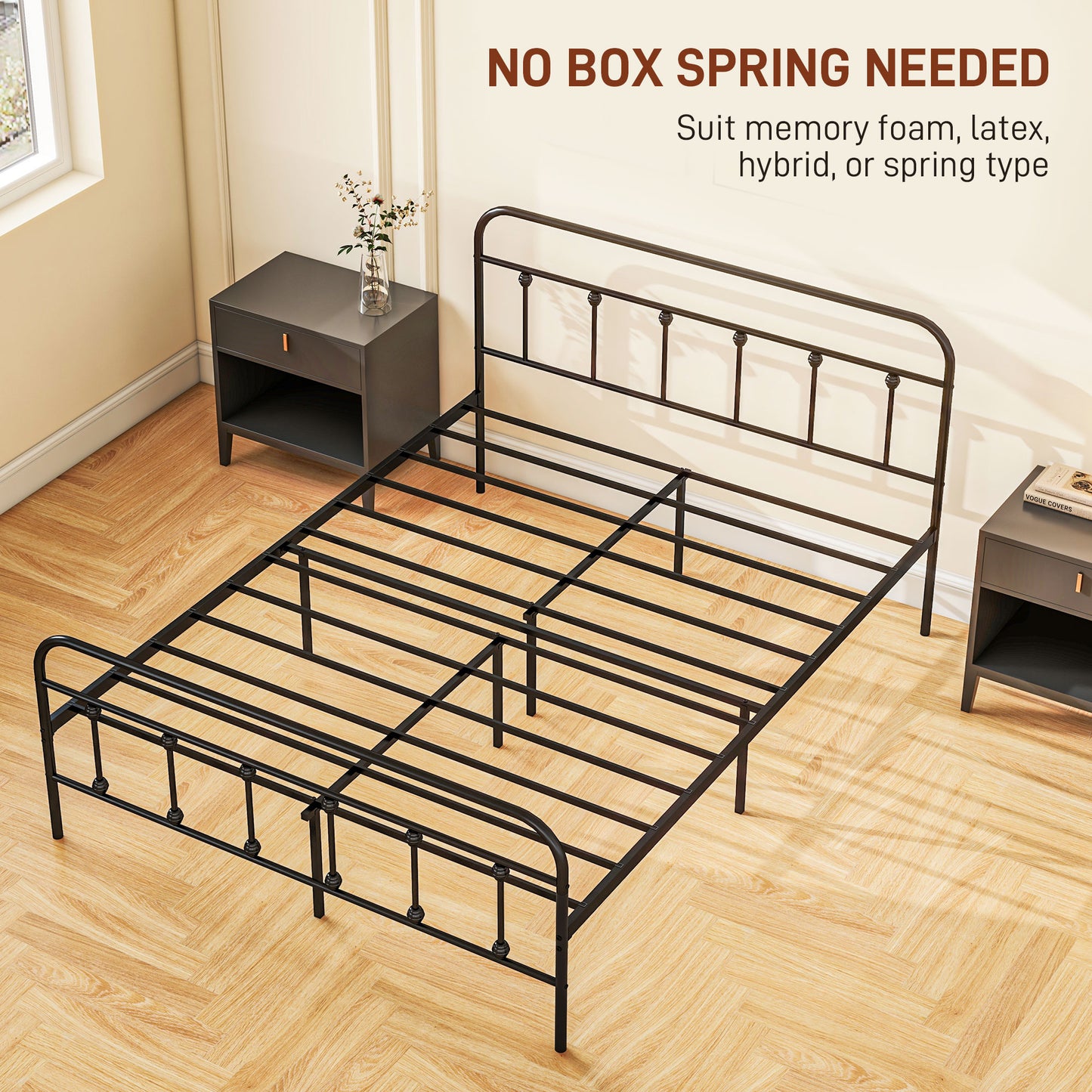 HOMCOM 5ft King Size Metal Bed Frame with Storage Space and Tall Headboard - Easy Assembly, No Box Spring Required, Black Finish - ALL4U RETAILER LTD