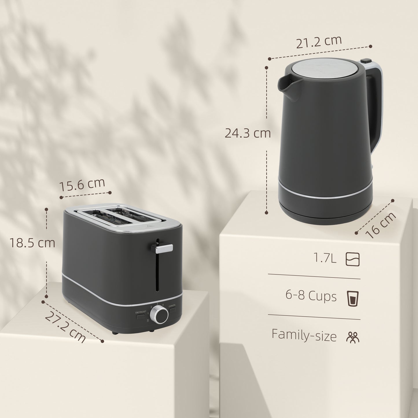 HOMCOM Kettle And Toaster Set 1.7L 3000W Fast Boil Kettle And 2 Slice Toaster With 6 Browning Levels Defrost Reheat Grey