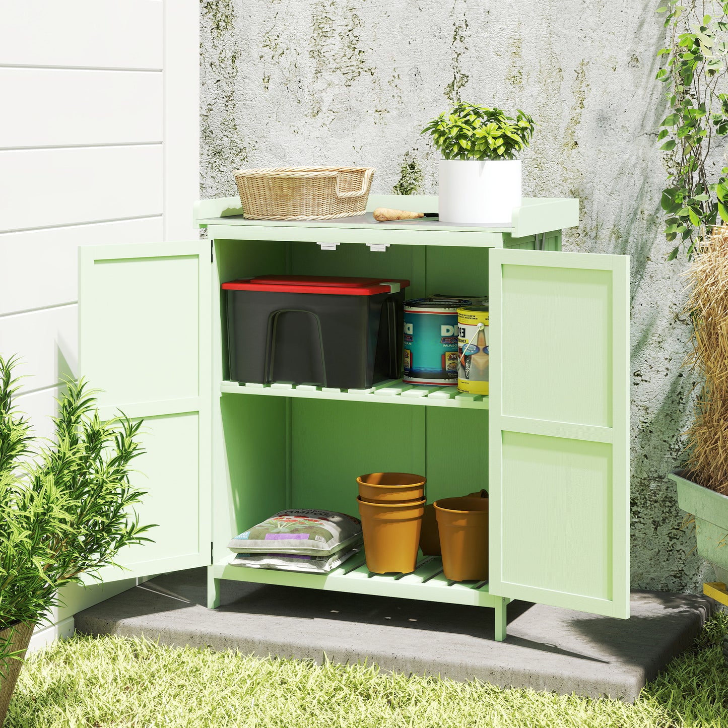 Outsunny Wooden Garden Shed For Tool Storage With Hinged Roof And Shelf Double Doors Light Green