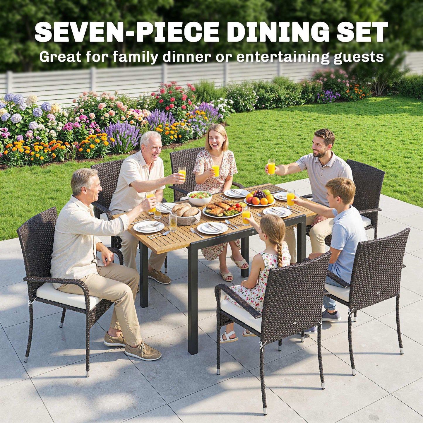 Outsunny 7 Piece Rattan Garden Furniture Set With Extendable Acacia Wood Tabletop 6 Stackable Chairs