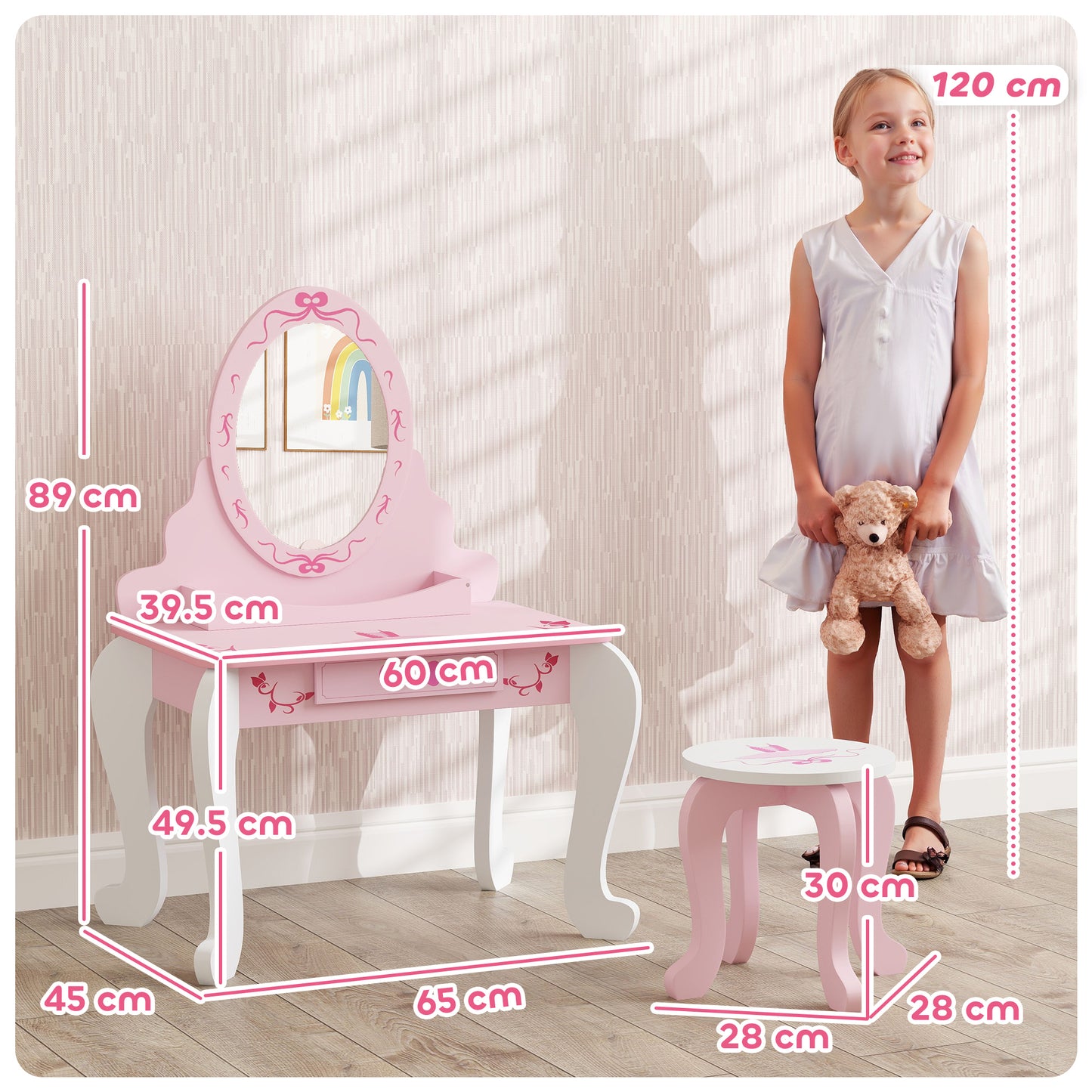 AIYAPLAY Kids Dressing Table Set, Vanity Table With Stool, Mirror, Drawer, Storage, Ballet Theme Pink