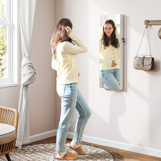 HOMCOM Lockable Jewellery Cabinet With LED Lights 108 x 37cm White Surface Black Lining Mirrored Jewellery Organizer