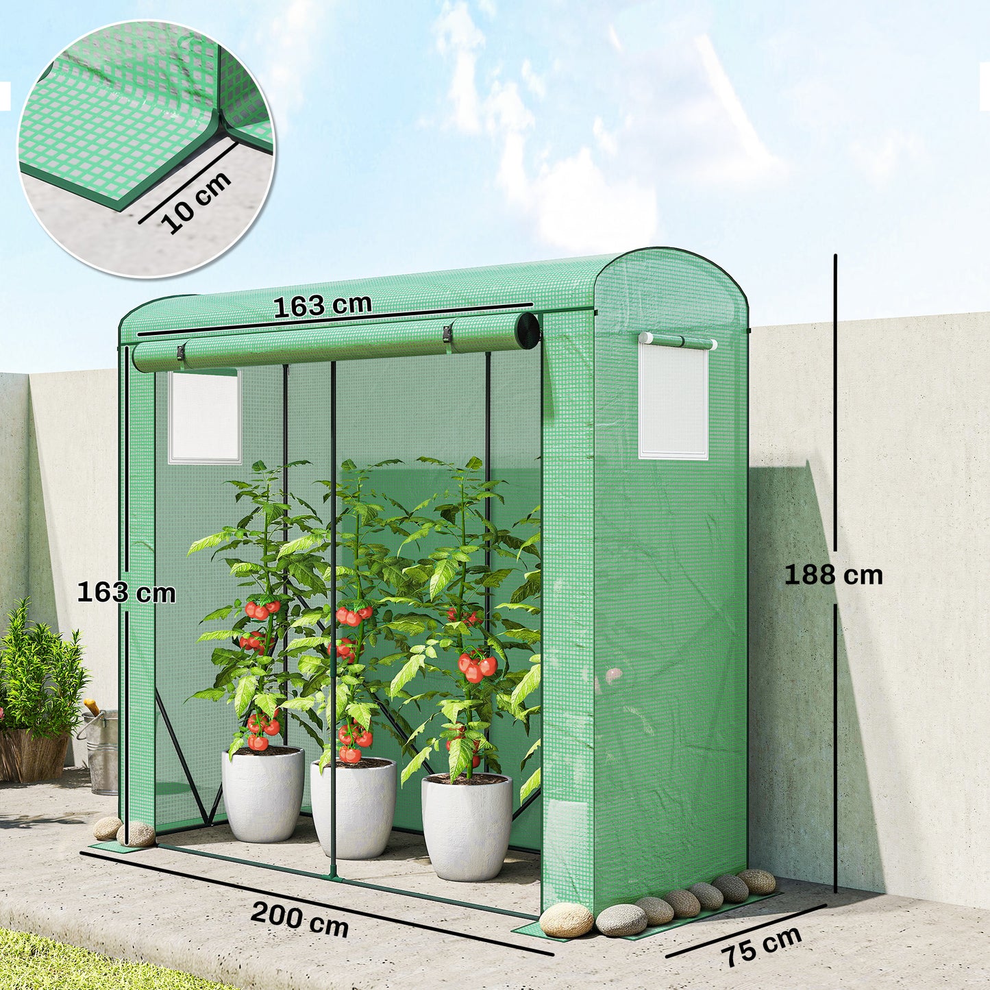 Outsunny Mini Greenhouse Garden Tomato Growhouse With Roll Up Door And 2 Mesh Windows PE Cover 200 x 75 x 188 Cm Green