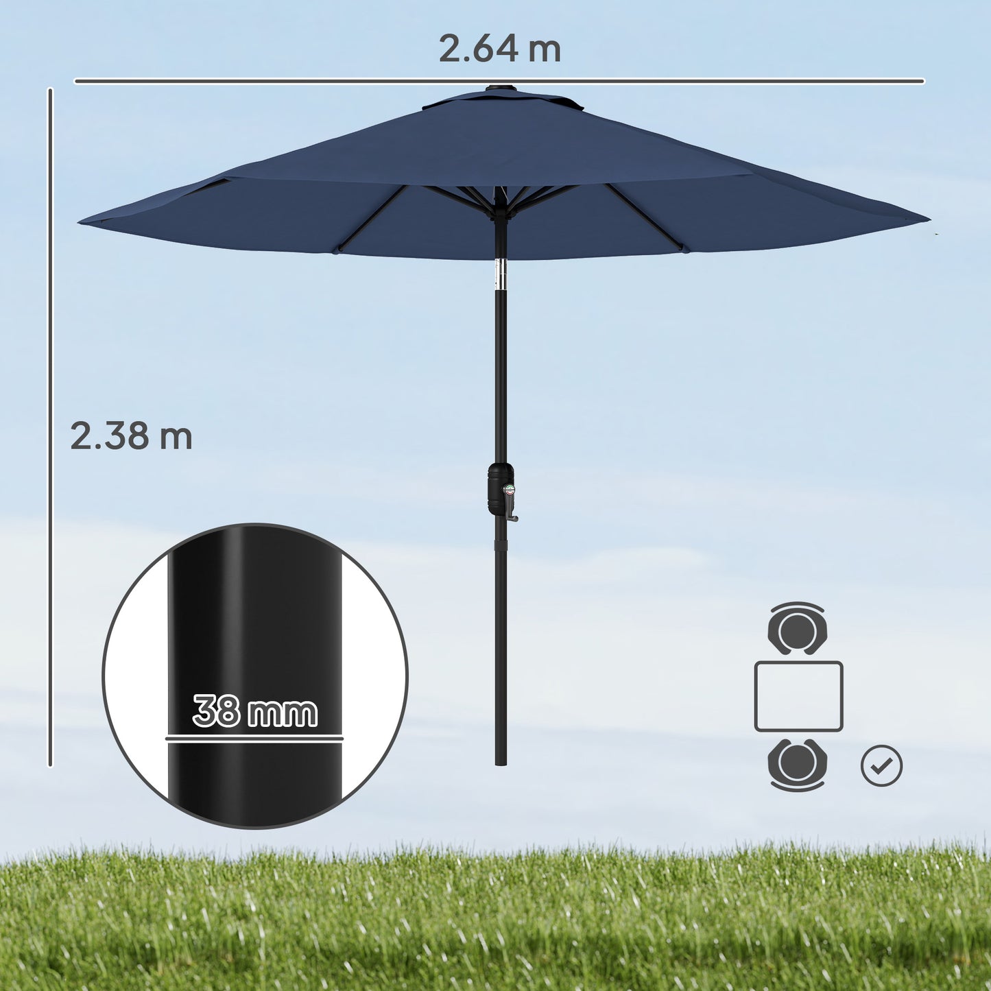 Outsunny 2.6 m Garden Parasol Umbrella With Aluminium Pole Outdoor Patio Umbrella Tilt Crank Vent Navy Blue