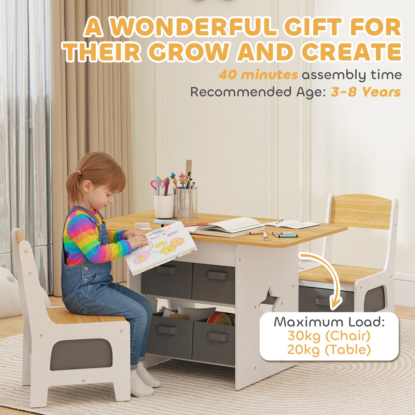 AIYAPLAY Kids Table and Chair Set With 2 Chairs 6 Removable Drawers For Ages 3 To 8 Natural Finish