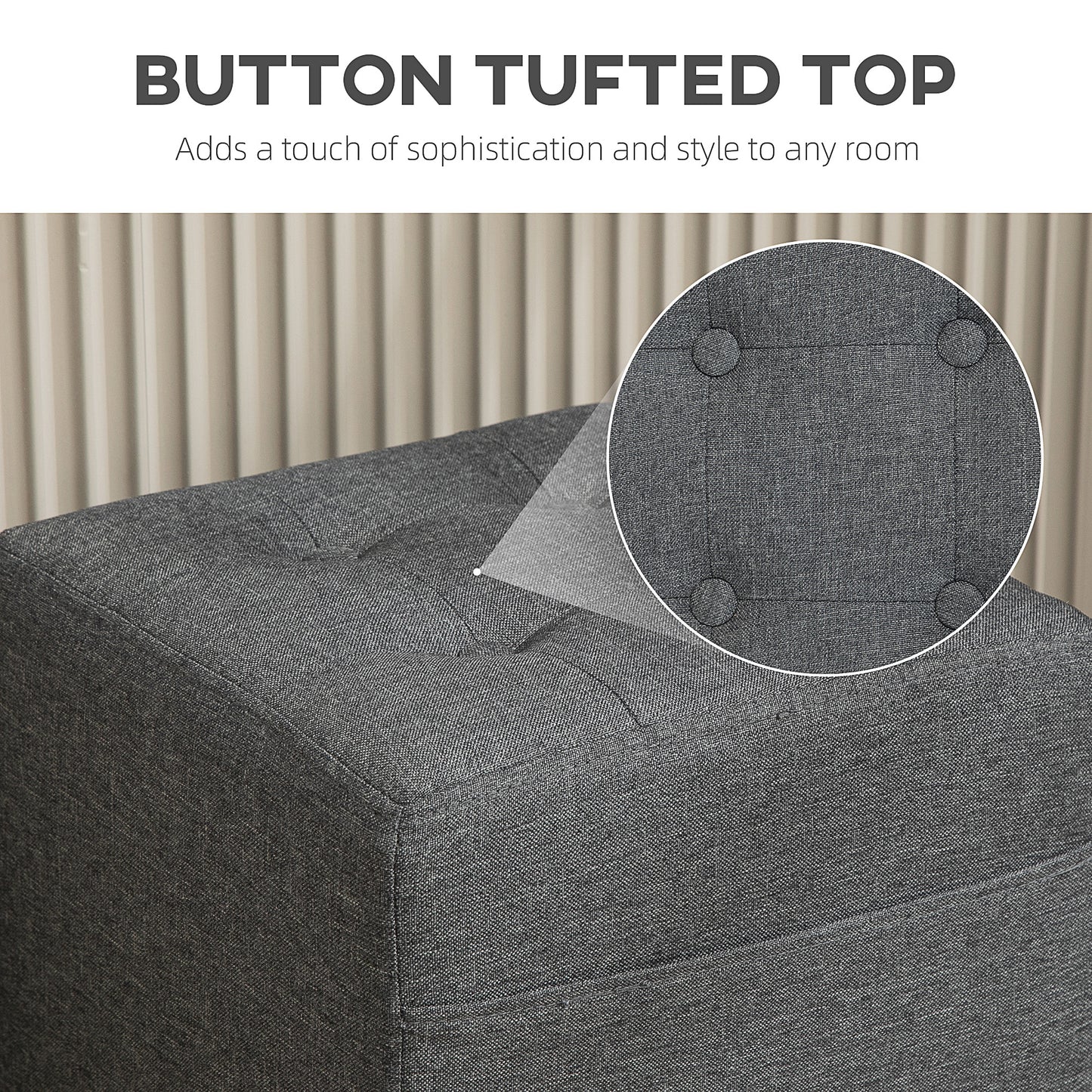 HOMCOM Square Footstool With Side Pocket Linen Fabric Ottoman Padded Seat Rubber Wood Legs Grey 35cm