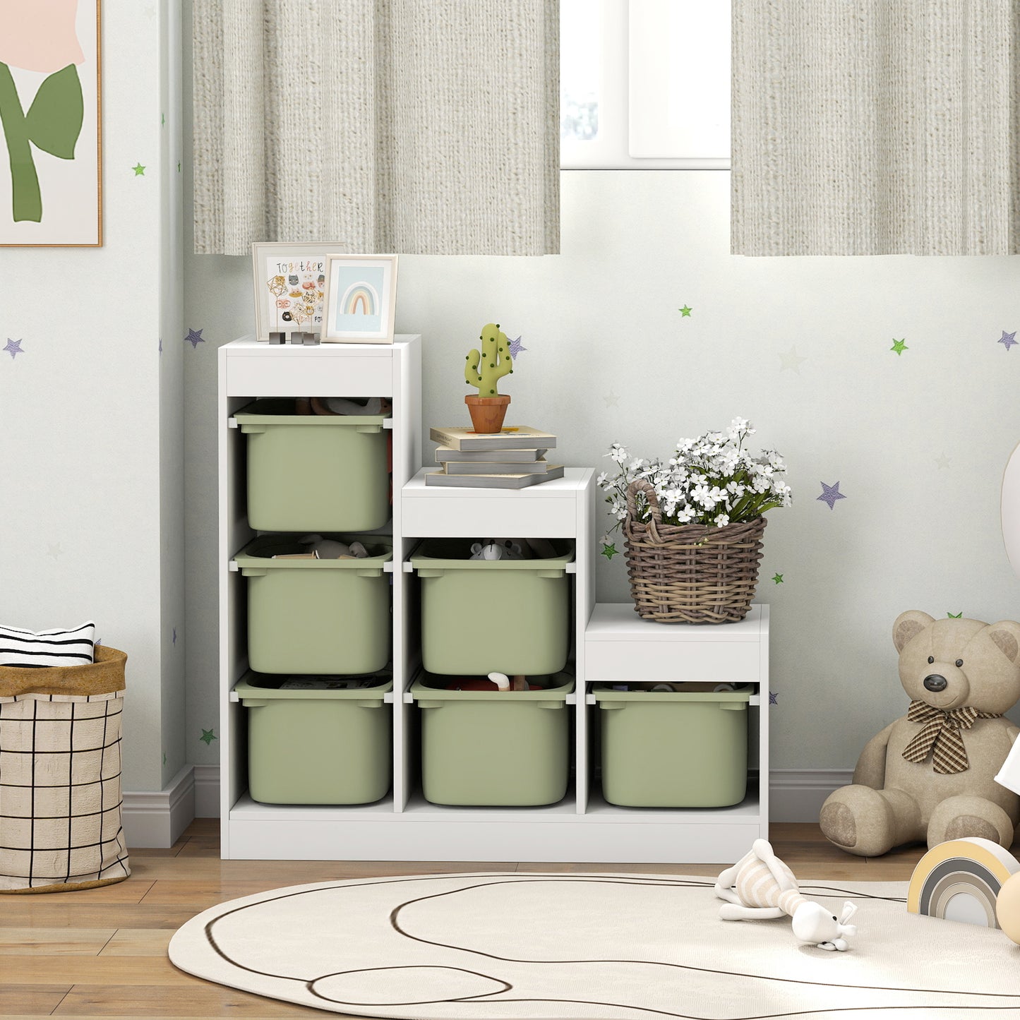 Aiyaplay Three Layer Toy Storage Organiser For Kids Ages 3 To 8 With Removable Bins Green