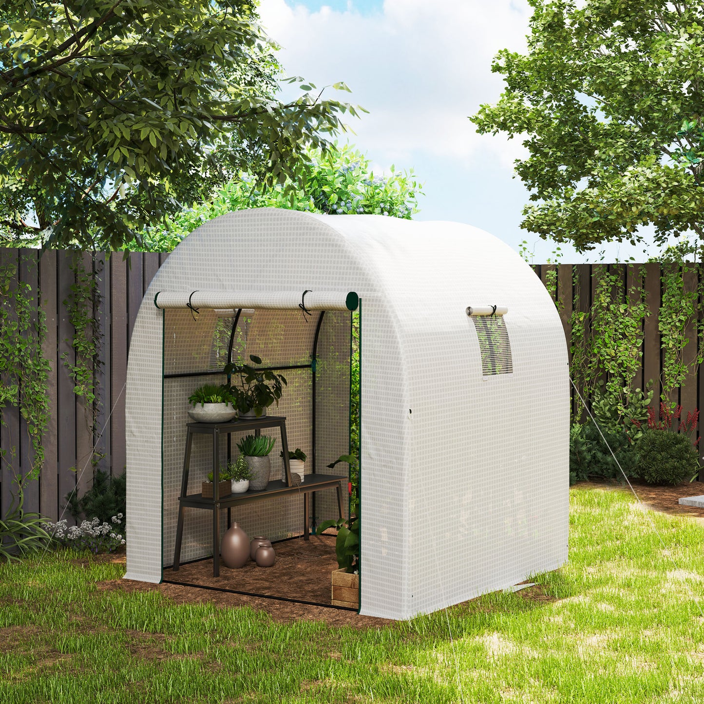 Outsunny 180 x 180cm Walk In Polytunnel Greenhouse White With Zipped Door And Mesh Windows