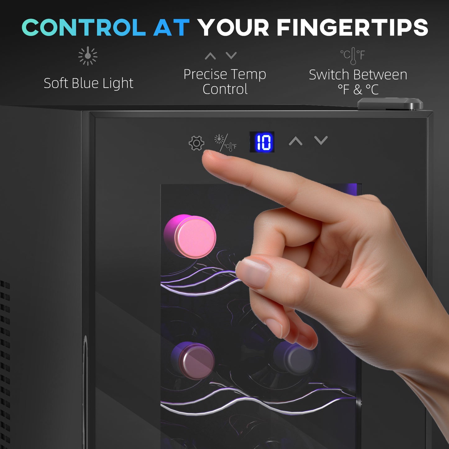 HOMCOM 8 Bottle Tabletop Wine Cooler 17 L Quiet Under Counter Glass Door LED Light Digital Touch Temperature Control