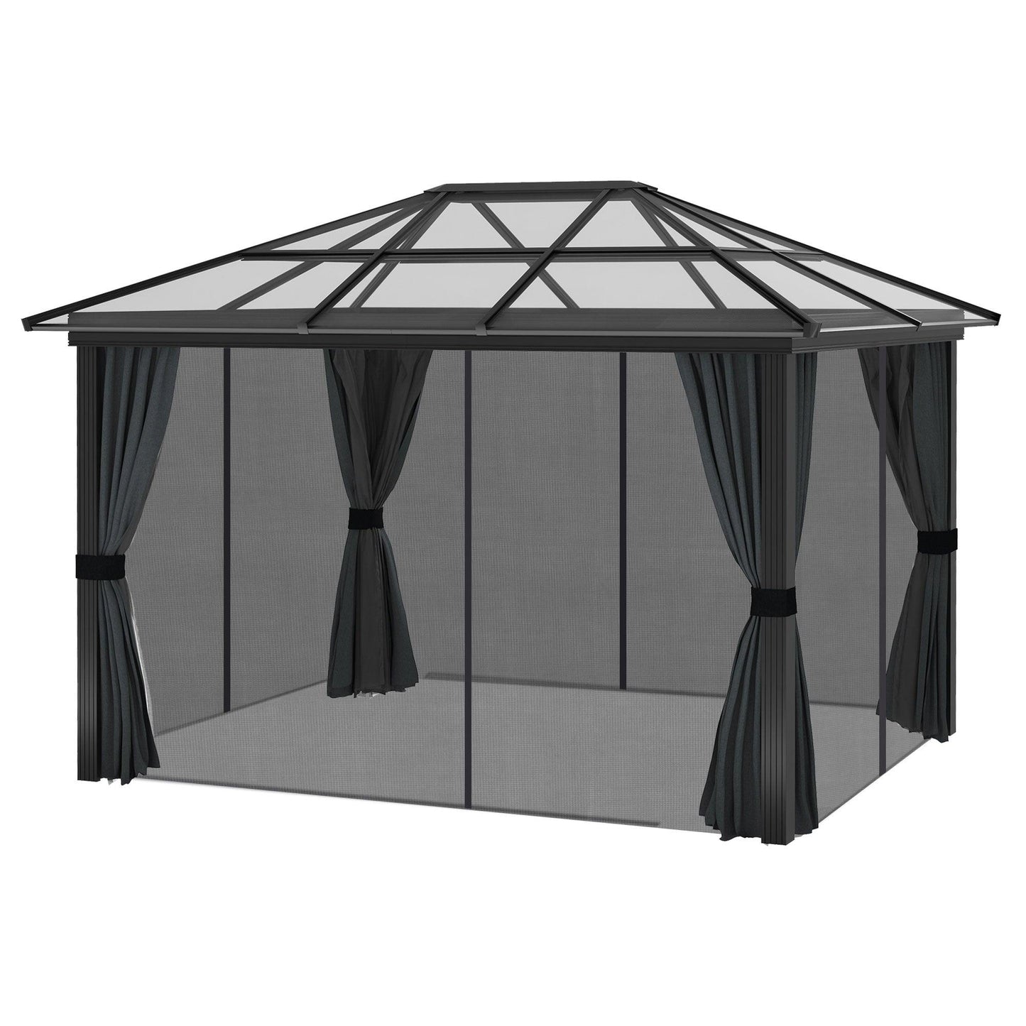 Outsunny 3 x 3.6m Hardtop Gazebo with UV Resistant Polycarbonate Roof and Aluminium Frame, Garden Pavilion with Mosquito Netting and Curtains - ALL4U RETAILER LTD