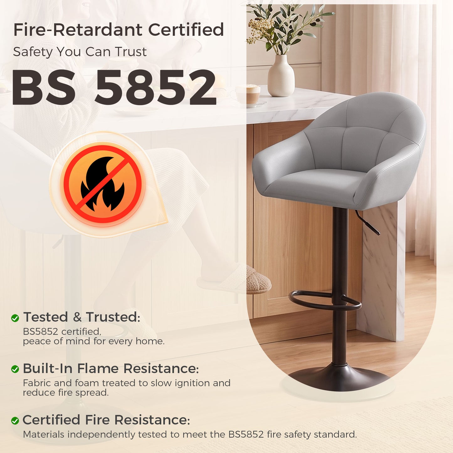Grey bar stool with padded seat and backrest, BS 5852 fire-retardant certification