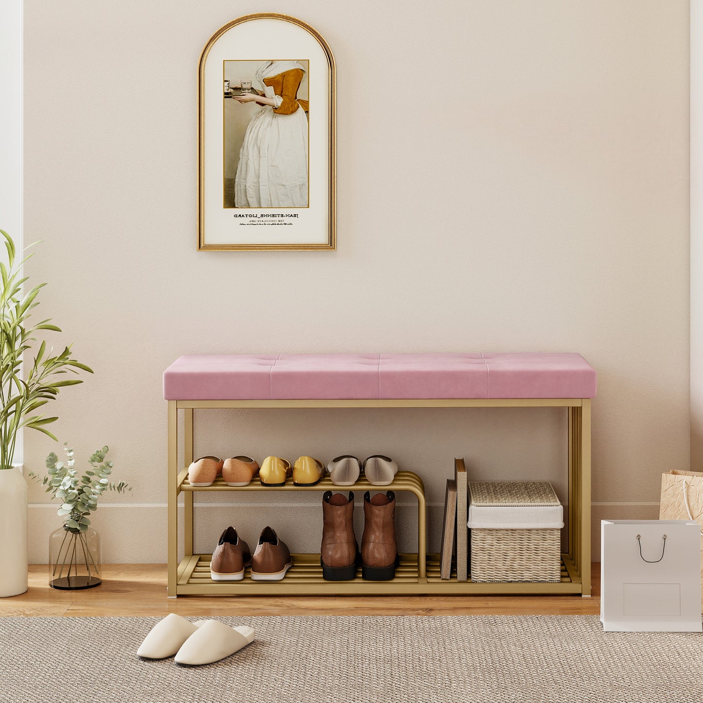 HOMCOM Tufted Shoe Storage Bench With Velvet Seat Pink And Gold Steel Frame For Entryway Holds Eight Pairs