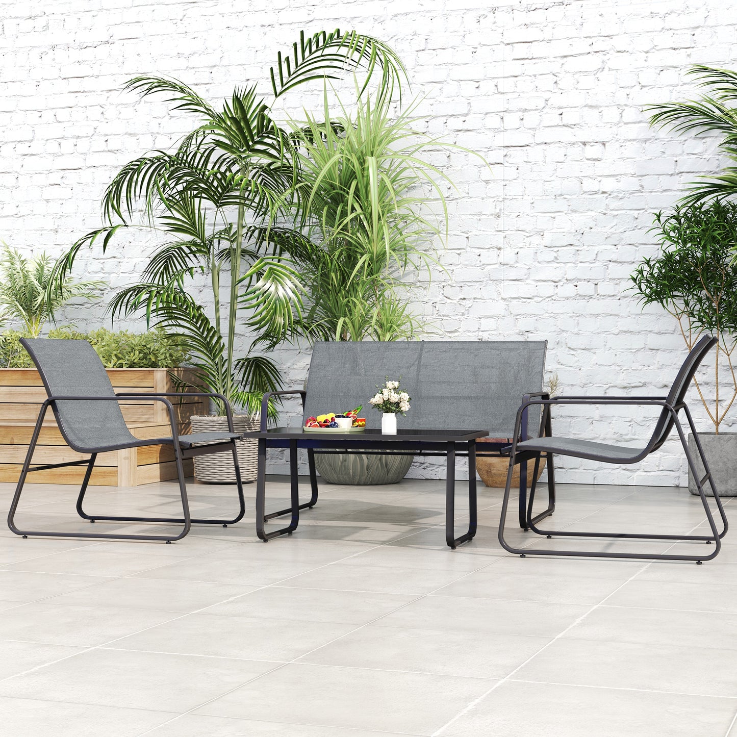 Outsunny Four Piece Minimalistic Garden Sofa Set With Two Chairs And Coffee Table In Light Grey