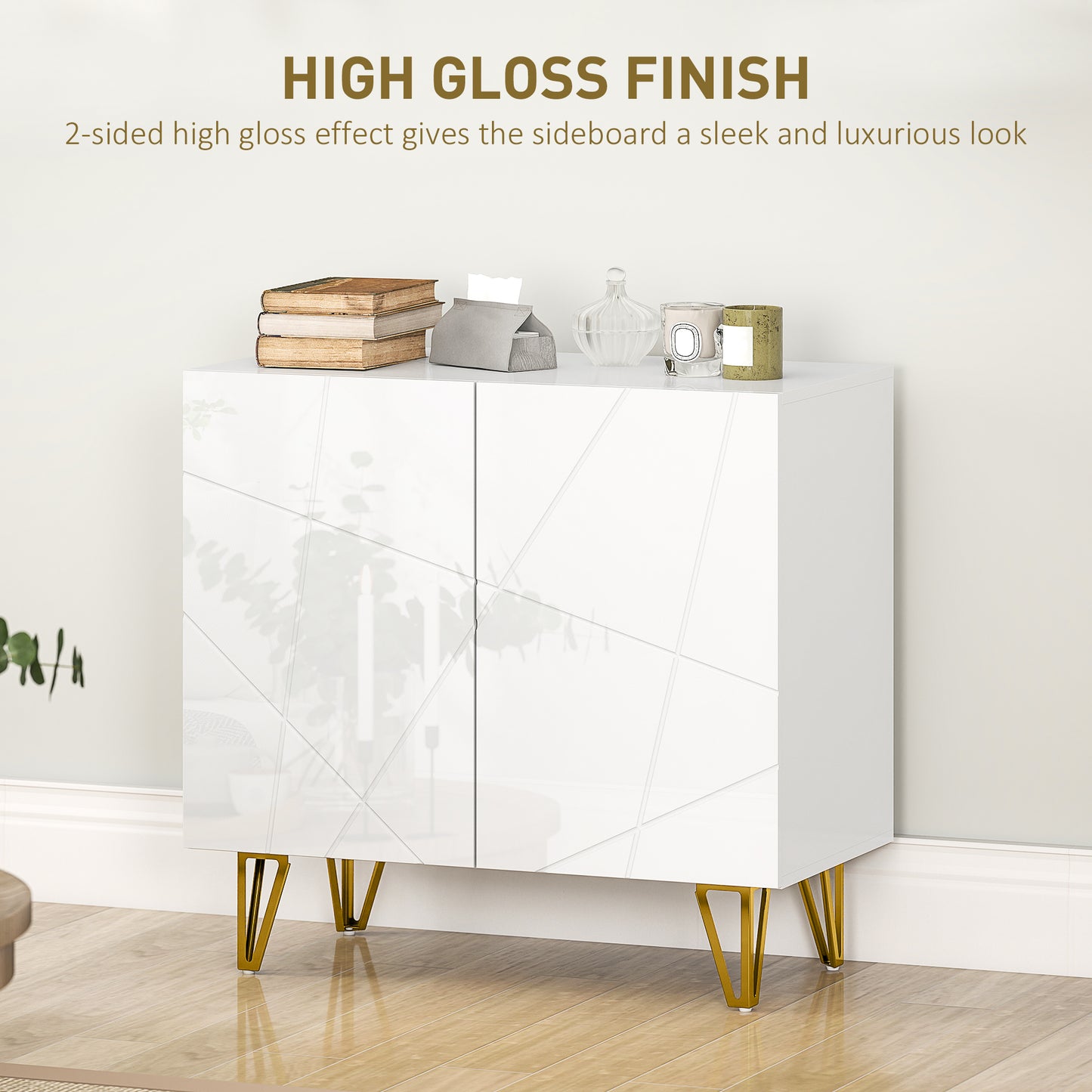 HOMCOM Modern Luxe High Gloss Sideboard White With Hairpin Legs Gold Colored Two Large Storage Compartments